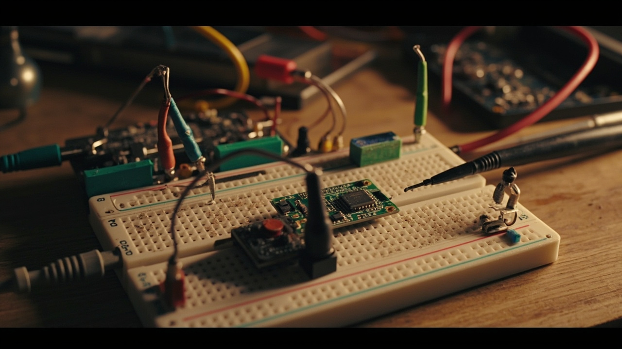 Imagen generada por IA con el prompt: Dusty breadboard with ESP8266 module, jumper wires, barrel jack regulator, small GPS module, and logic analyzer probes on a cluttered workbench, warm workshop lighting