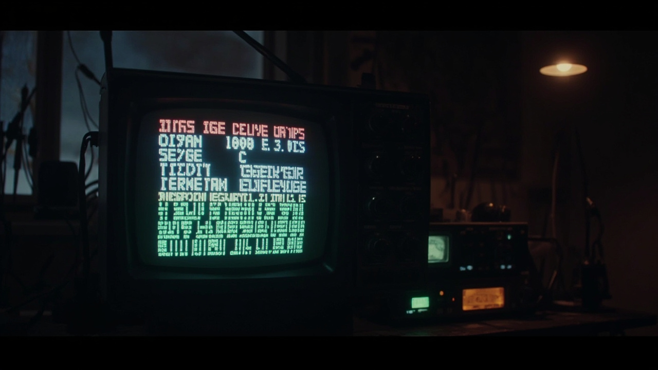 Imagen generada por IA con el prompt: Retro 1980s CRT television displaying a colorful teletext page with blocky characters, next to a vintage ham radio transceiver and antennas in a dimly lit amateur radio shack, nostalgic analog atmosphere.