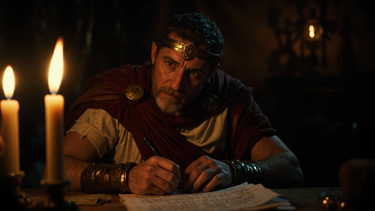 Imagen generada por IA con el prompt: A contemplative ancient Roman emperor in military attire, writing by candlelight in a tent, with a worried expression, stoic calm, and a scroll of Greek text, dimly lit interior, painterly style, cinematic lighting, no m