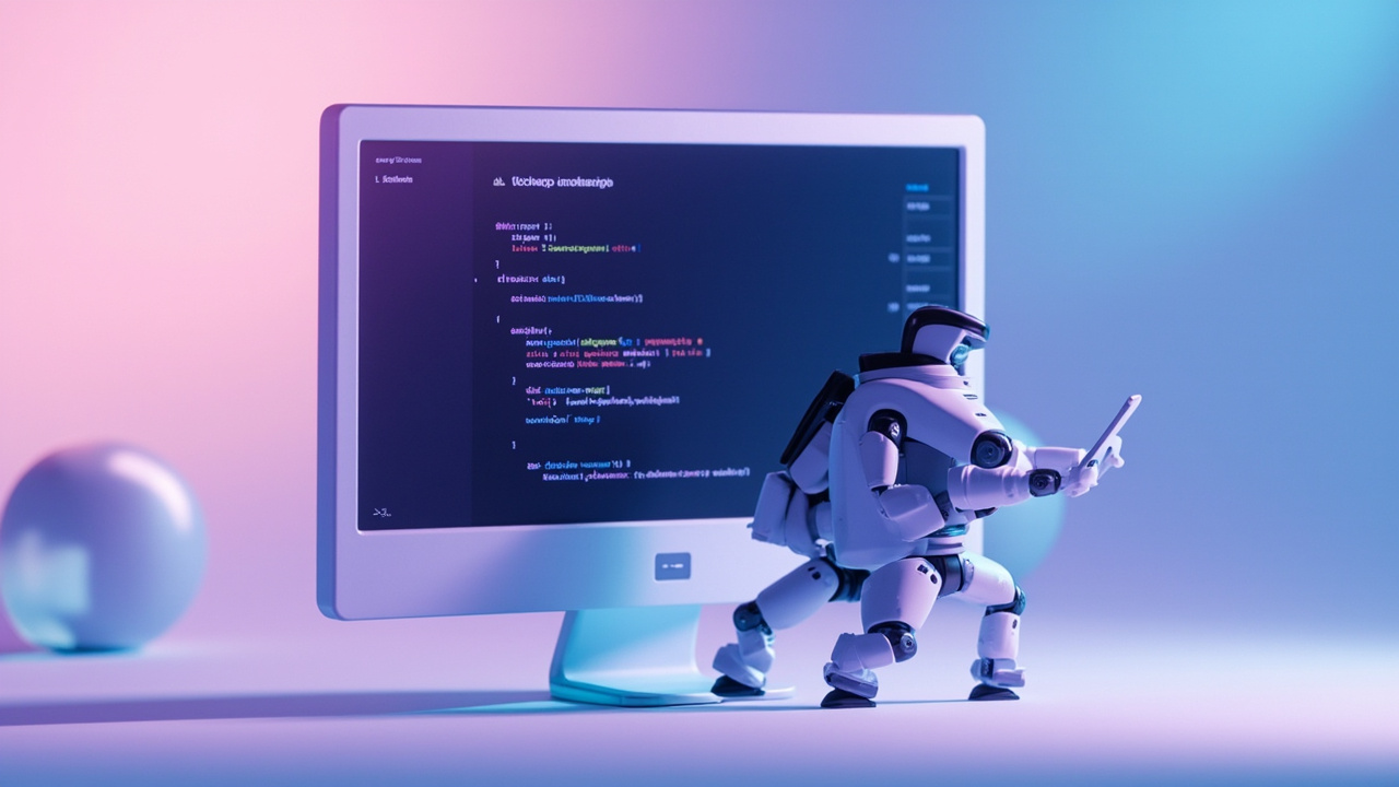 Imagen generada por IA con el prompt: Editorial illustration of a stylized browser window with code snippets and a small robot assistant generating scripts, soft gradient background, clean modern tech aesthetic, no real faces or logos.