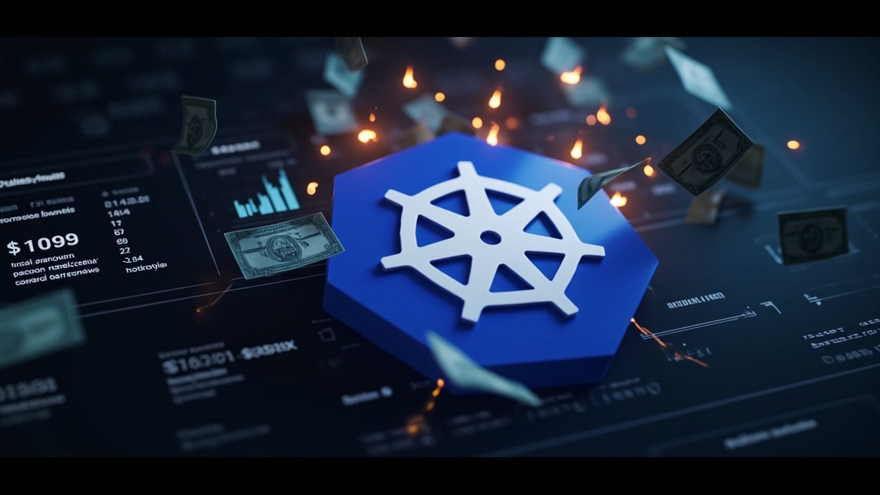 Imagen generada por IA con el prompt: A stylized digital illustration of a Kubernetes cluster symbol with dollar bills catching fire, a CLI terminal overlay showing cost breakdown, data charts in background, minimalist tech style, no text, no recognizable fa