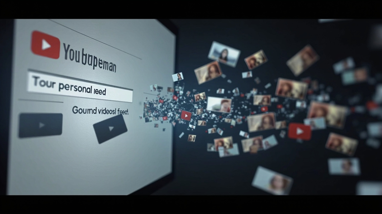 Imagen generada por IA con el prompt: Ilustración conceptual: un usuario escribe un prompt en un cuadro de texto sobre la interfaz de YouTube, y de él emergen miniaturas de vídeos flotando en un flujo continuo, con un chip anclado etiquetado «Tu feed persona