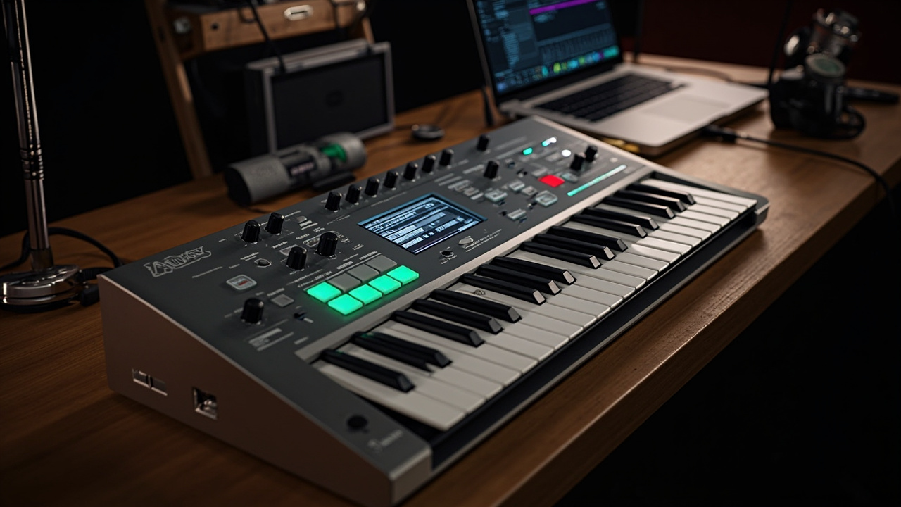 Imagen generada por IA con el prompt: Desktop multi-timbral synthesizer with a 10-inch touch display, knobs and pads, brushed aluminum casing, sitting on a wooden studio desk next to a laptop and audio cables