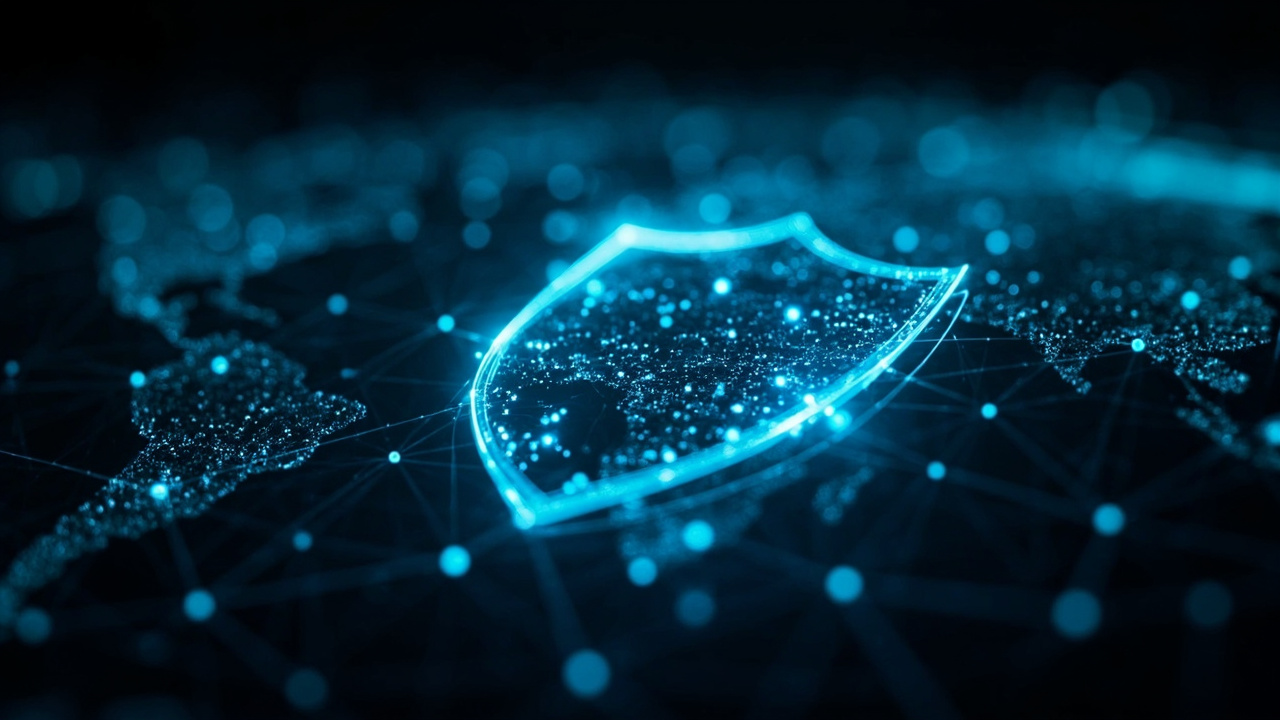 Imagen generada por IA con el prompt: Abstract digital shield made of glowing code fragments floating over a glowing world map with network nodes, dark blue and cyan tones, editorial illustration style