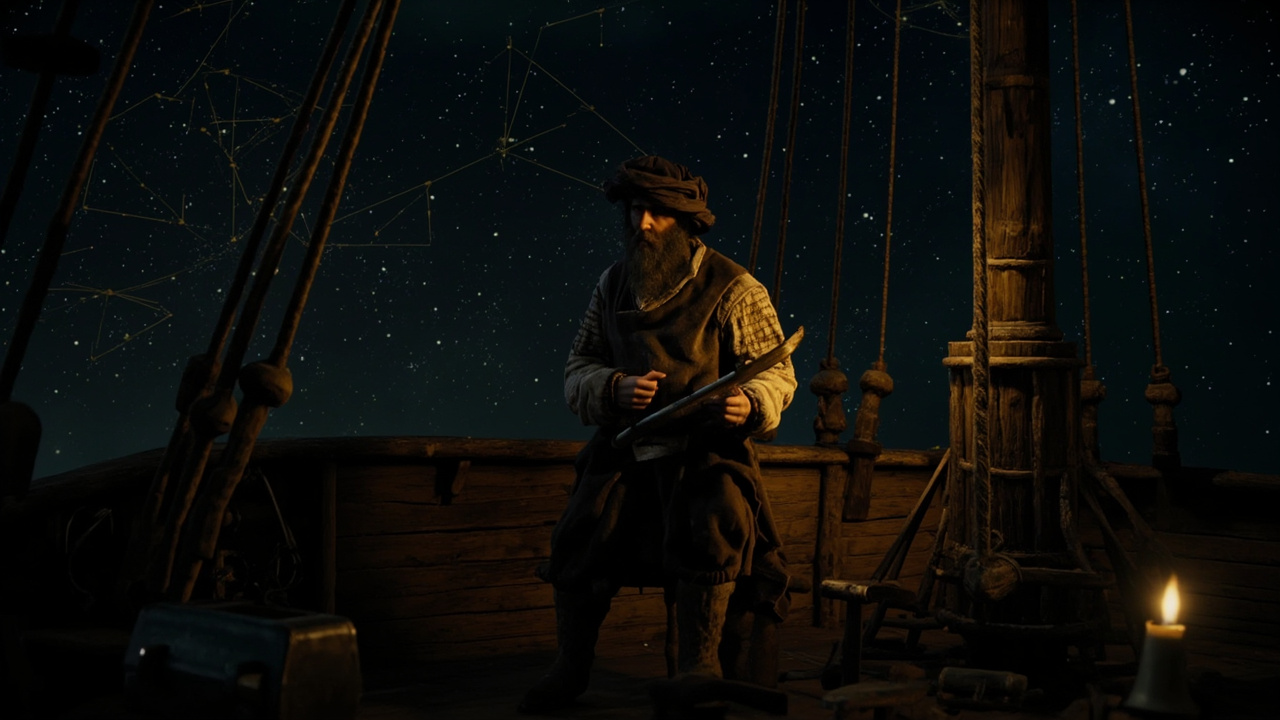 Imagen generada por IA con el prompt: 15th century Iberian navigator on wooden ship deck at night, studying stars with quadrant instrument, detailed constellations across dark sky, warm lamplight, illustrated editorial style
