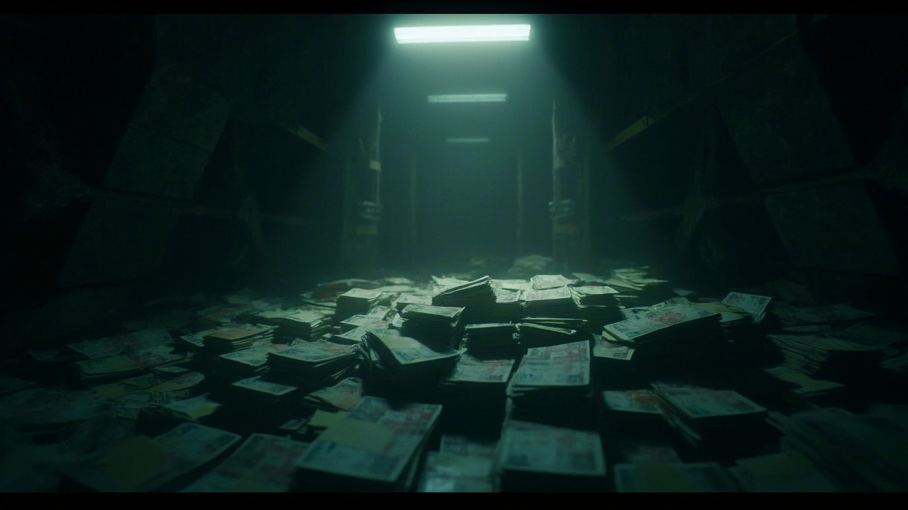 Imagen generada por IA con el prompt: Editorial illustration of banded stacks of high-denomination banknotes piled inside a dim underground vault, a single shaft of light from above, dark moody tones, no people or text