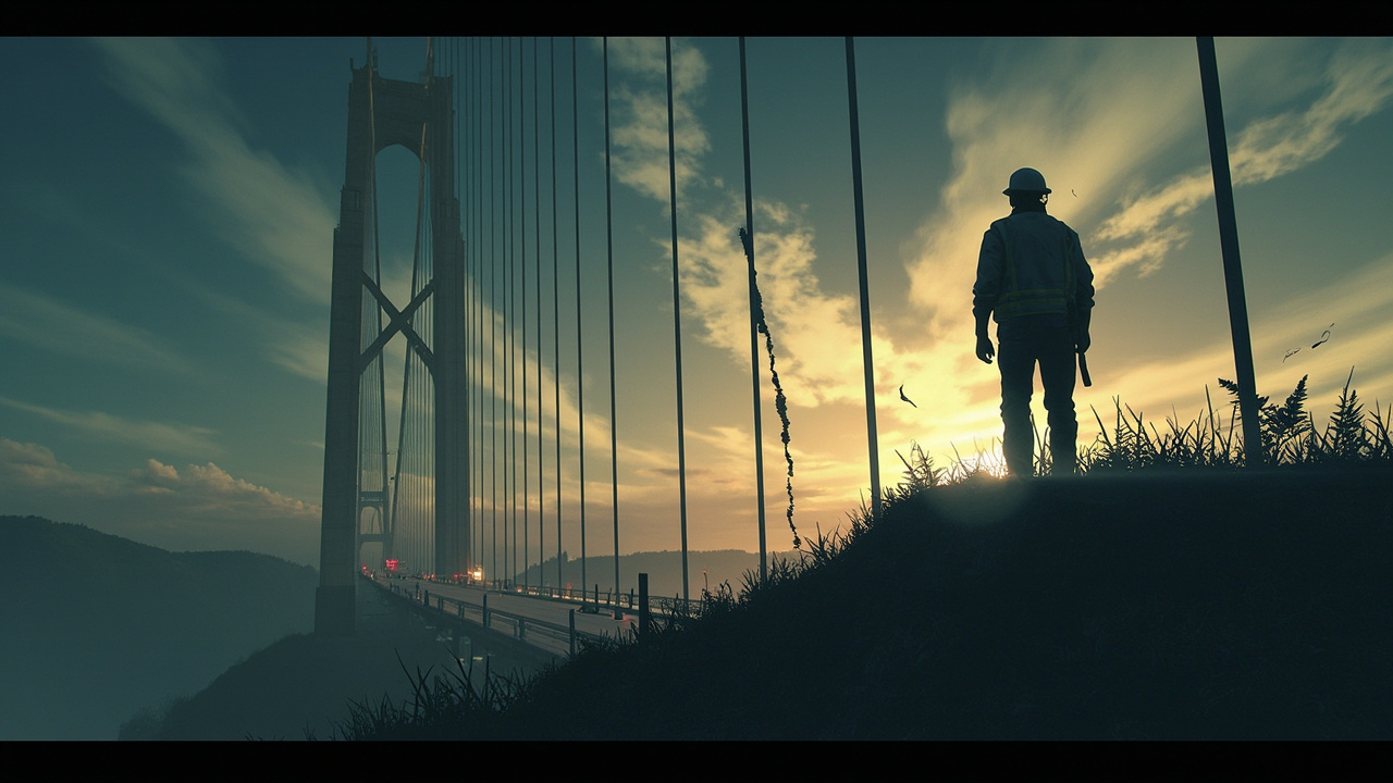 Imagen generada por IA con el prompt: Editorial illustration of a suspension bridge with visible cracks, a lone engineer in hard hat inspecting the structure at dusk, dramatic lighting, muted colors, digital art style