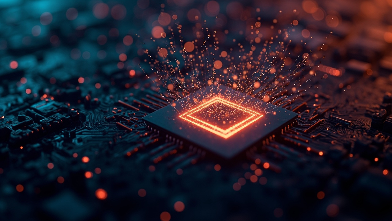 Imagen generada por IA con el prompt: A stylized CPU chip with floating-point numbers swirling around it, representing the complexities of floating-point error handling in C++.