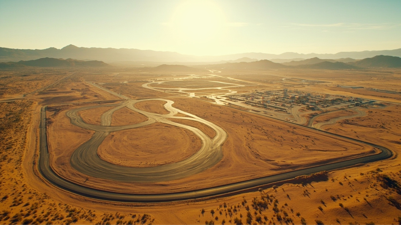 Imagen generada por IA con el prompt: Aerial view of a vast desert proving ground in Arizona with multiple asphalt tracks, an oval circuit, and urban street mock-ups, surrounded by arid hills under a bright sunny sky, editorial style.