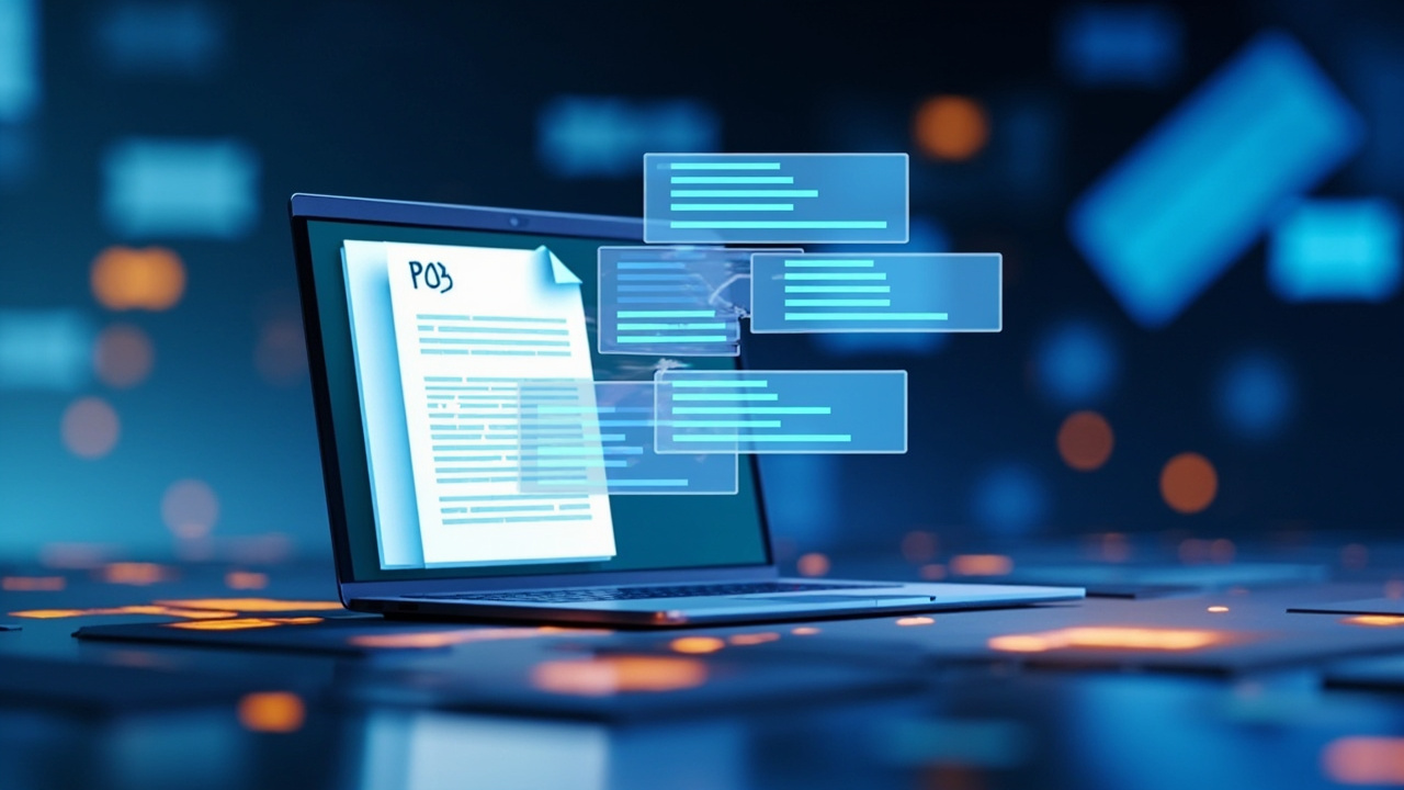 Imagen generada por IA con el prompt: Editorial flat illustration of an open-source document parser: a laptop screen showing a PDF page being analyzed into structured JSON with bounding boxes, clean tech style, blue and orange accents