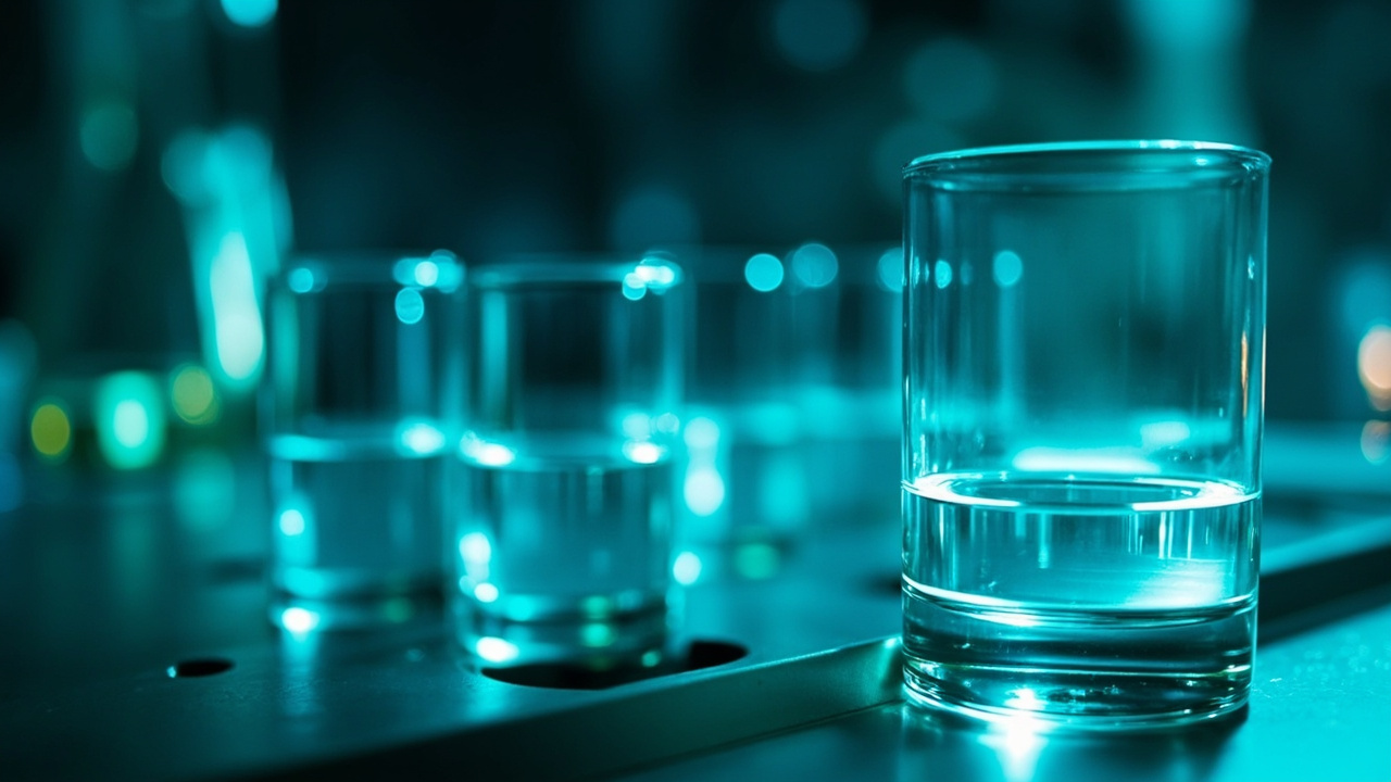 Imagen generada por IA con el prompt: Editorial illustration: glass vials of clear liquid on a stainless steel lab bench, faint blockchain node network glowing in the background, cool teal and blue palette, cinematic lighting, abstract