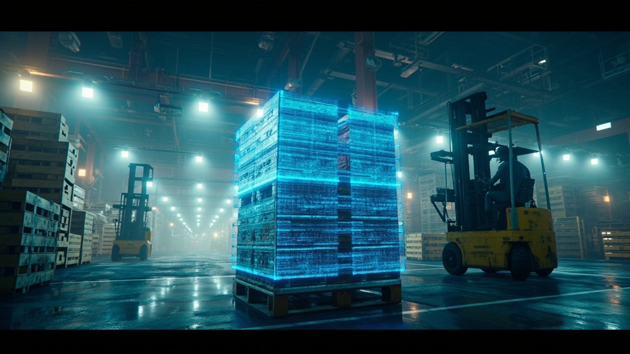 Imagen generada por IA con el prompt: Editorial illustration of a busy freight terminal dock with forklifts moving pallets under overhead security cameras, subtle blue 3D wireframe boxes overlaying a single pallet, industrial warehouse lighting.
