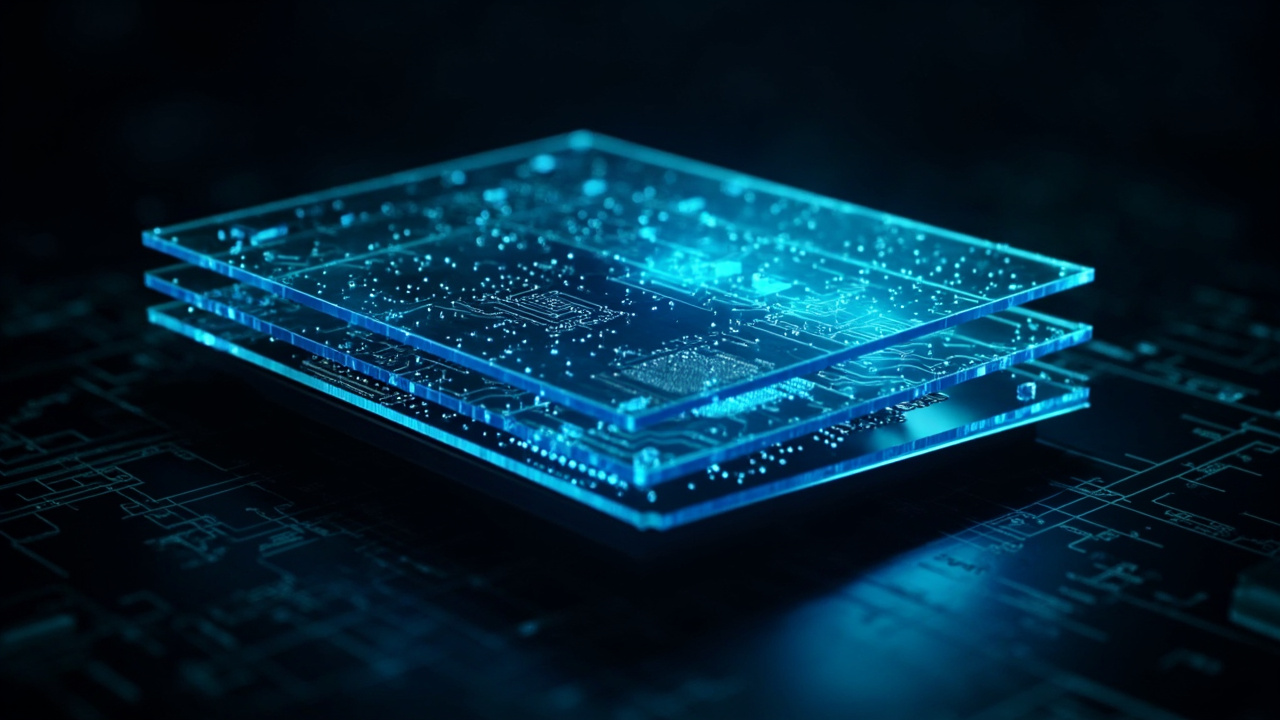 Imagen generada por IA con el prompt: Editorial cross-section illustration of a multi-layered 3D silicon chip with glowing blue circuit patterns between tiers, dark technical background, schematic style
