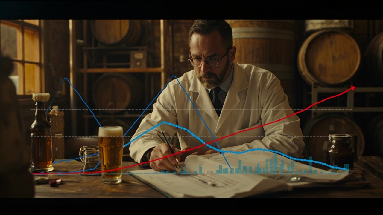 Imagen generada por IA con el prompt: Vintage brewery scene with barrels, a scientist studying charts and beer samples, statistical t-distribution curves overlaid, warm lighting, no text.