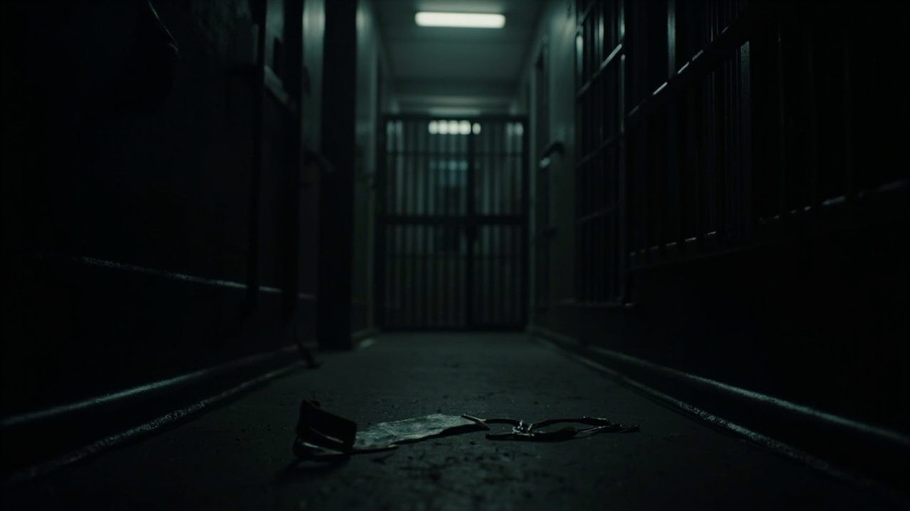 Imagen generada por IA con el prompt: Somber editorial illustration: a dark prison corridor with harsh fluorescent light, a barred cell in the background, a blindfold and discarded handcuffs on the floor, muted gray tones, documentary photojournalism style