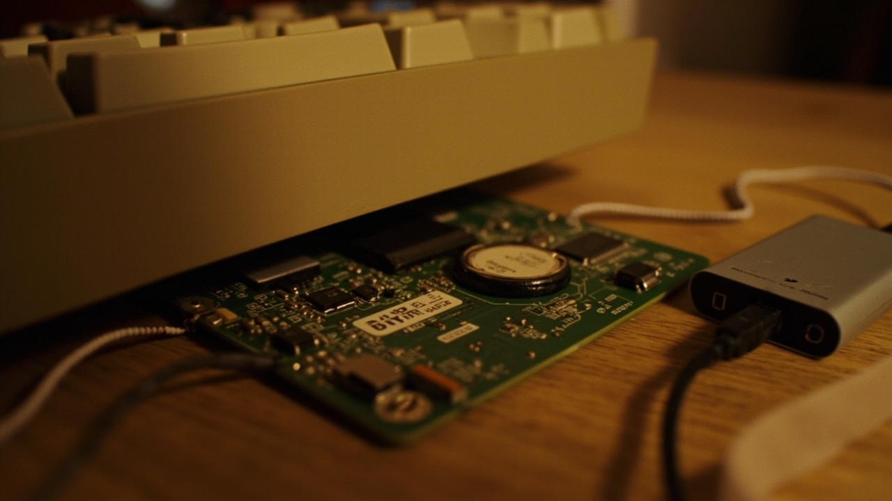 Imagen generada por IA con el prompt: Vintage beige Apple Extended Keyboard II partially disassembled on a wooden desk, revealing its internal circuit board with a small coin cell battery (CR1225) next to a gray Griffin iMate adapter with USB connector, warm