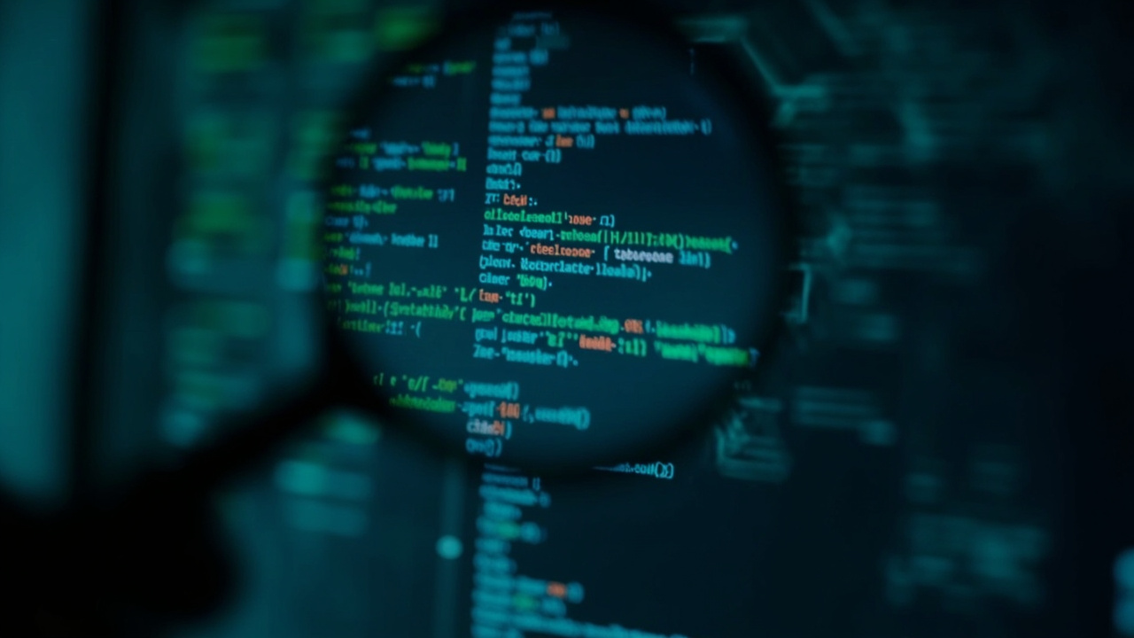 Imagen generada por IA con el prompt: Editorial illustration of a glowing magnifying glass scanning lines of C++ code on a dark monitor, soft blue and green hues, abstract circuit patterns, no faces or logos.