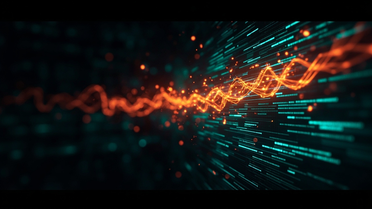 Imagen generada por IA con el prompt: Abstract editorial illustration of glowing orange flame shapes rising from a dark terminal screen, evoking continuous code profiling, teal accent highlights, technical minimal style