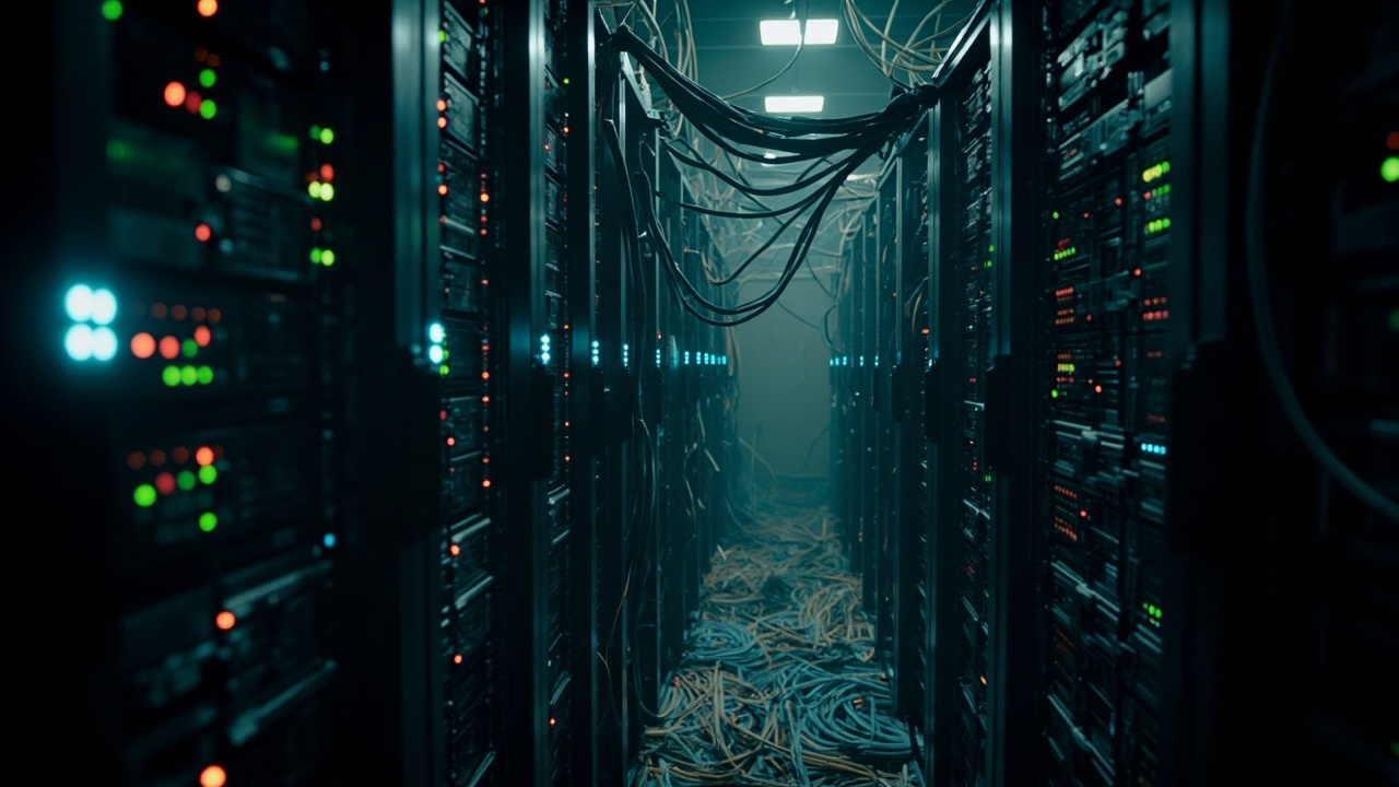 Imagen generada por IA con el prompt: A dark server room filled with racks of servers and blinking LEDs, cables hanging, representing a botnet infrastructure being dismantled by authorities, cyber security theme, editorial style, no faces or logos.