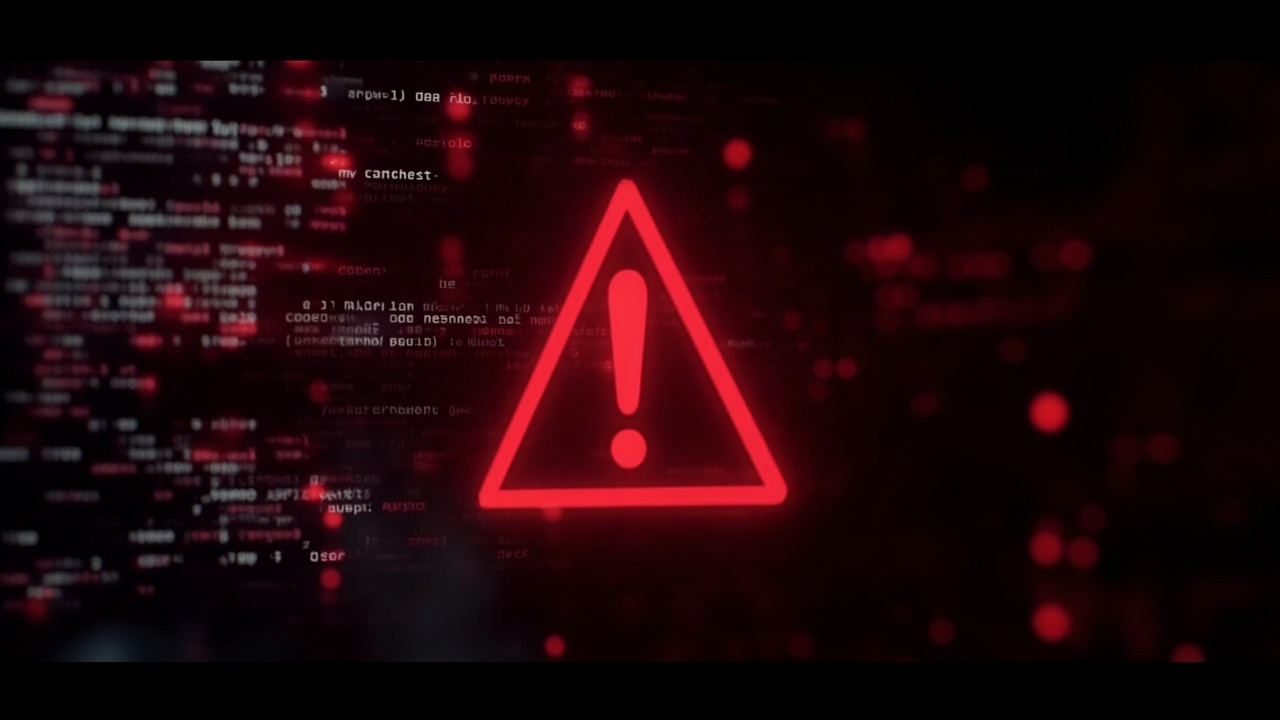 Imagen generada por IA con el prompt: Dark terminal screen with red warning sign over scrolling code lines, glitchy red glow, cybersecurity supply chain attack concept