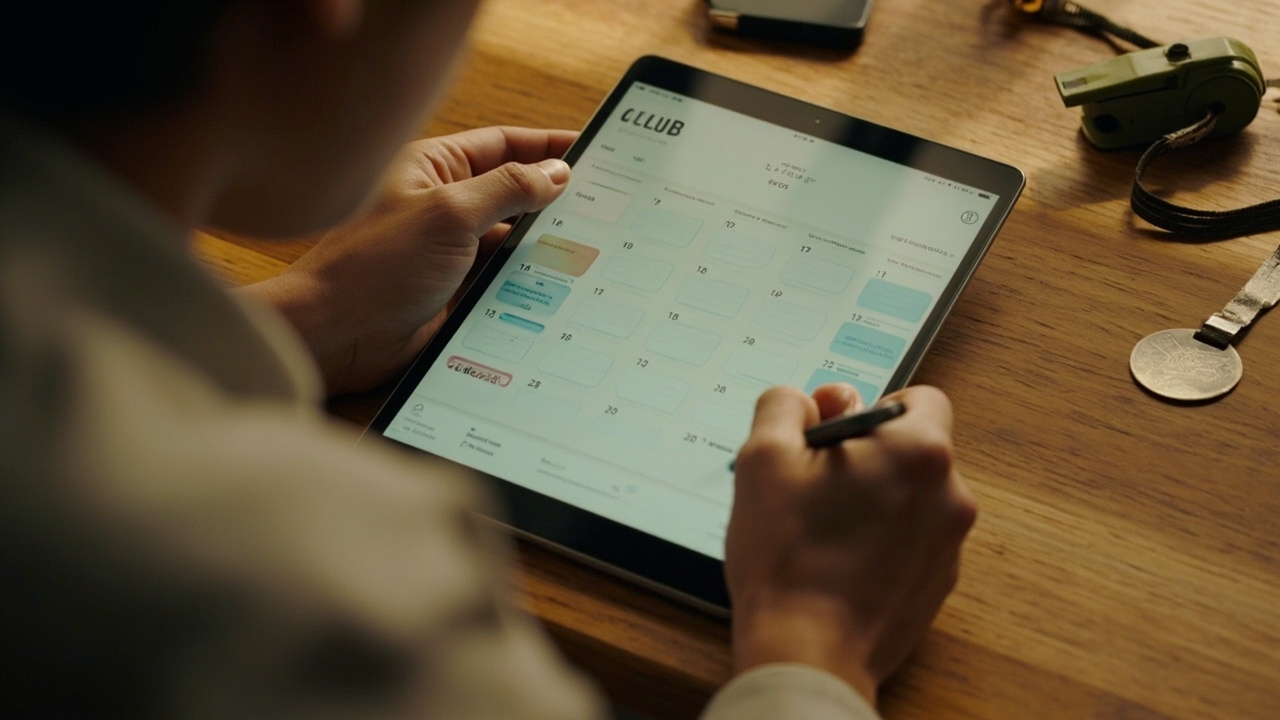Imagen generada por IA con el prompt: Minimalist digital calendar on a tablet on a wooden table, surrounded by small club items like a badge and whistle, soft morning light, flat lay style, no text or logos, warm tones.