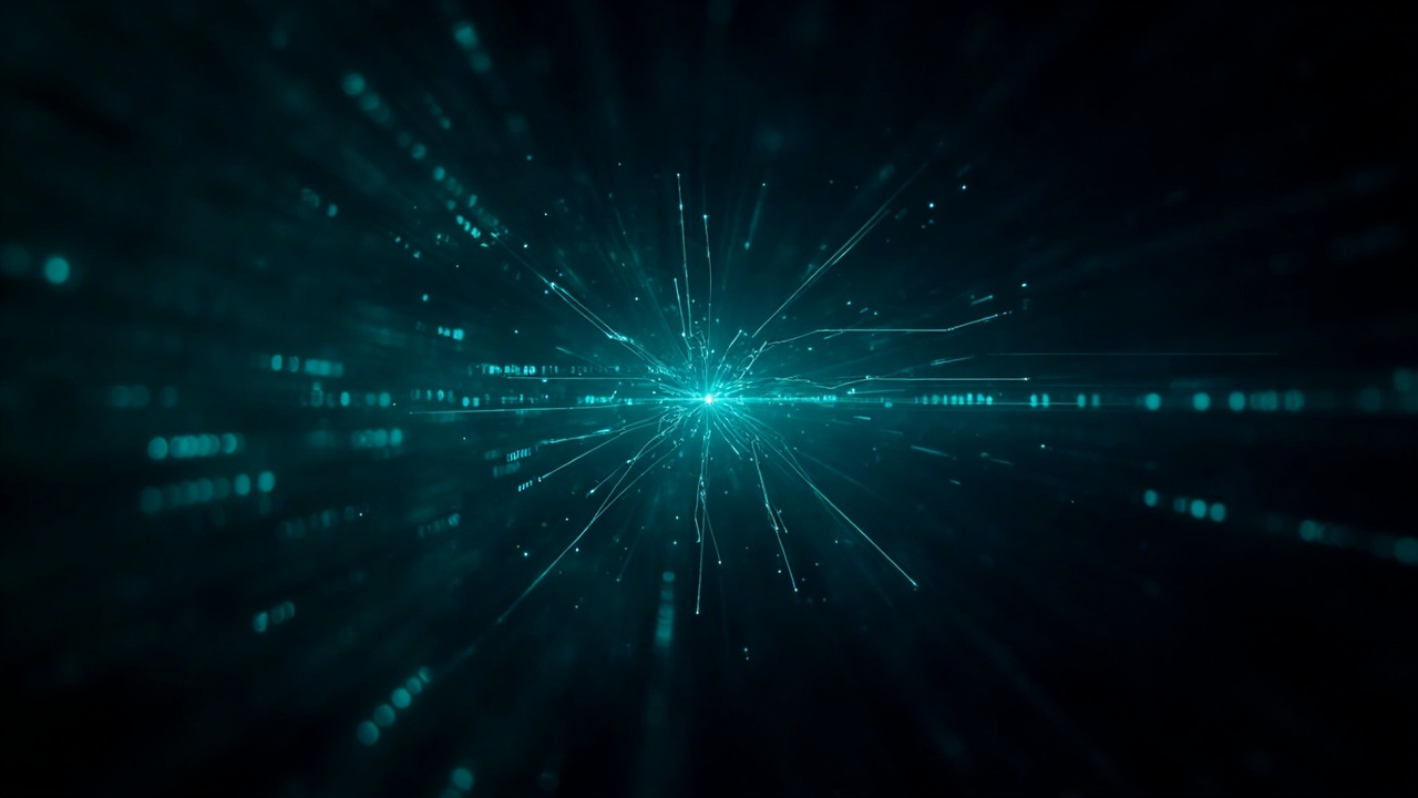 Imagen generada por IA con el prompt: Abstract editorial illustration of glowing teal code streams converging into a geometric AI node, deep navy gradient background, futuristic style, no text or logos