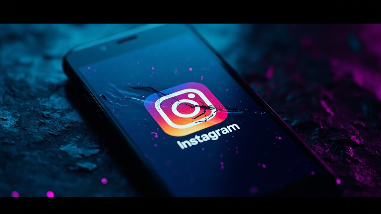 Imagen generada por IA con el prompt: Smartphone screen showing the Instagram logo with a cracked padlock overlay, digital glitch effects, dark blue and purple cyberpunk aesthetic, no text, no real faces