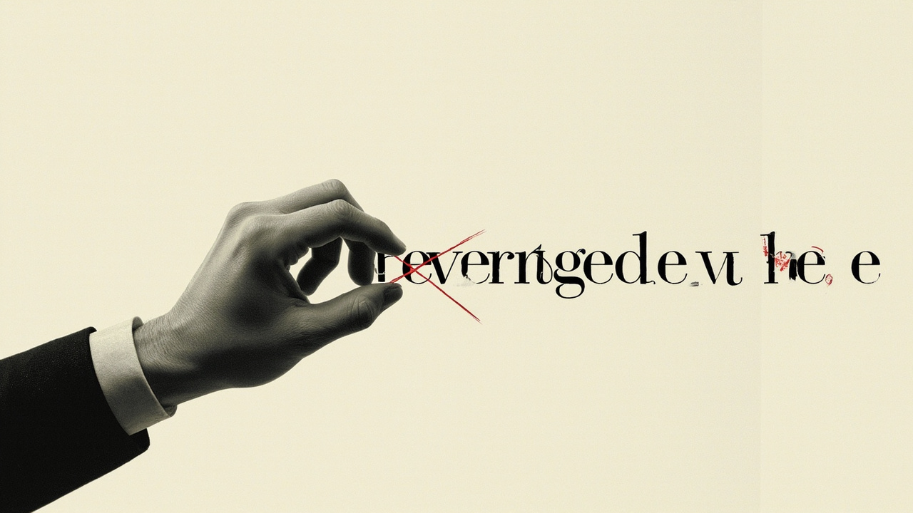 Imagen generada por IA con el prompt: Editorial illustration showing a hand editing text, crossing out AI buzzwords like 'leverage' and 'delve', with clean, natural prose emerging. Minimalist, no faces or logos.