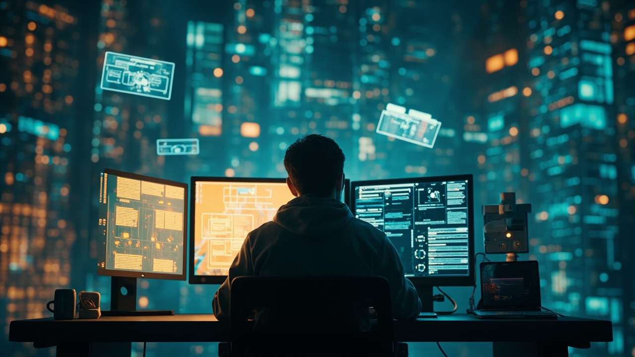 Imagen generada por IA con el prompt: Editorial illustration of a person at a desk juggling glowing windows on multiple monitors, with abstract AI agents running in the background, soft blue and warm amber tones, contemplative mood, no faces or logos