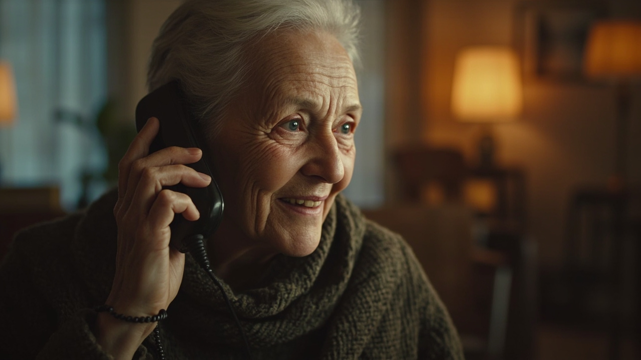 Imagen generada por IA con el prompt: Elderly woman smiling while talking on a cordless phone at home, warm soft lighting, cozy living room, digital illustration style, muted colors