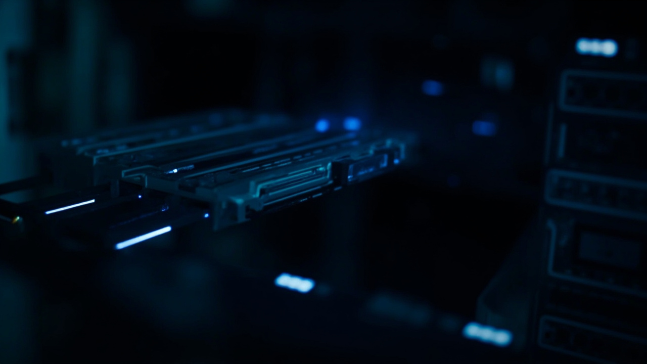 Imagen generada por IA con el prompt: Interior of a high-end server rack with sleek SSD modules installed, subtle blue LED indicators, cool lighting, enterprise data center atmosphere, no logos or text