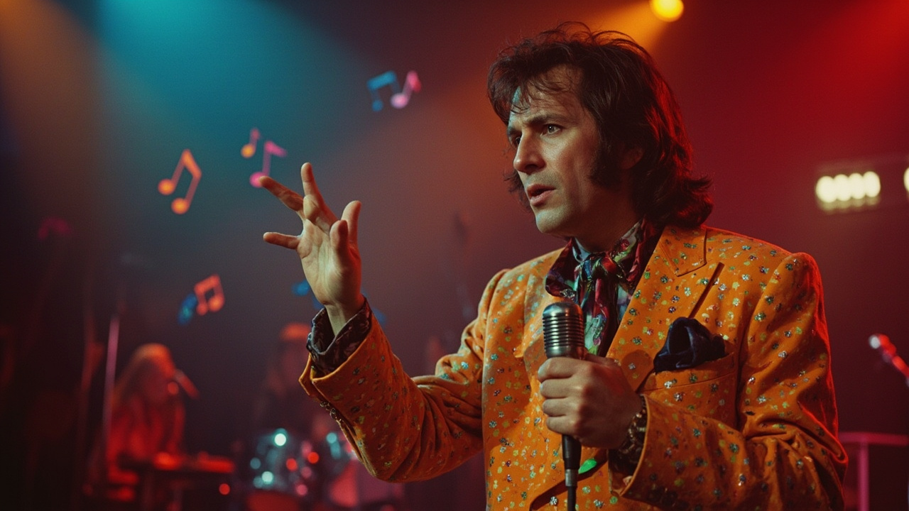 Imagen generada por IA con el prompt: A vibrant 1970s music studio scene with a male singer in a flamboyant suit gesturing confidently, vintage microphone, funky abstract musical notes floating, colorful lighting, no text, no recognizable face.