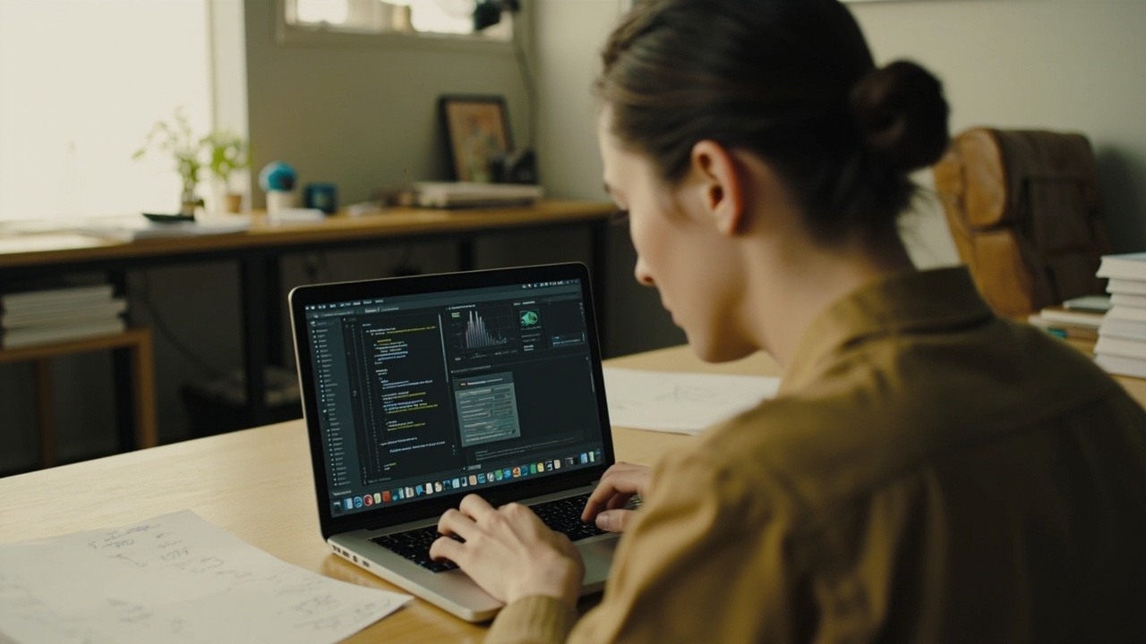 Imagen generada por IA con el prompt: A designer sits at a clean wooden desk with a laptop displaying code and interface prototypes, sketch papers and notes scattered nearby. Natural daylight, warm minimalist office, soft blurred background.