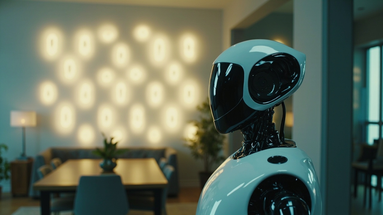 Imagen generada por IA con el prompt: Modern smart home interior with glowing modular LED light panels on the wall and a sleek humanoid robot assistant, soft ambient lighting, editorial photo style