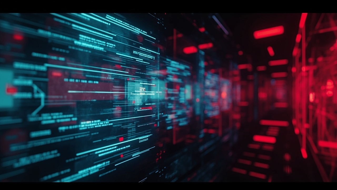 Imagen generada por IA con el prompt: Overlapping translucent screens with fake news headlines, phishing emails, and cloned media pages floating in a dark cyberspace environment. Red and blue neon accents, abstract cyber threat aesthetic, no text or recogniz