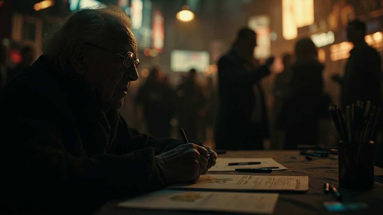 Imagen generada por IA con el prompt: Moody editorial photo of a convention booth: blurred silhouette of an elderly woman at a signing table, scattered pens, soft warm cinematic light, shallow depth of field, melancholic atmosphere.