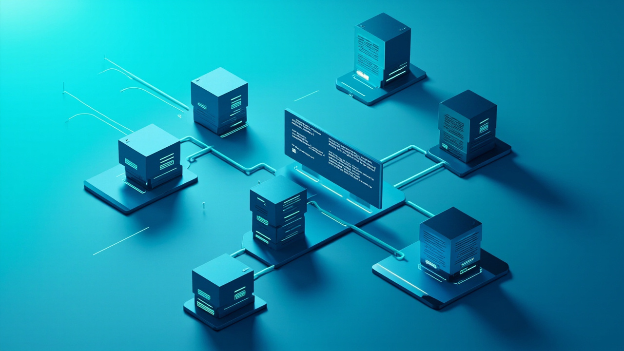 Imagen generada por IA con el prompt: Isometric illustration of multiple virtual machines from different providers connecting to a central command line interface, modern tech style, soft blue and teal gradients, clean minimalist look