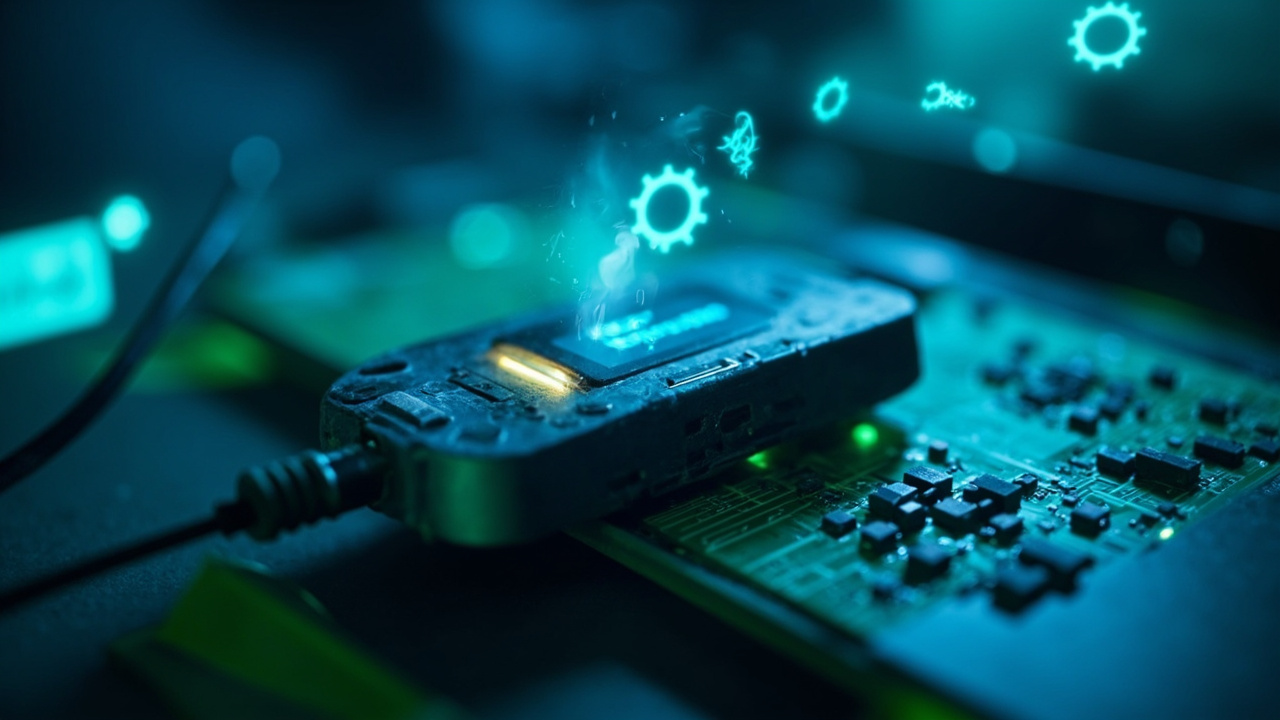 Imagen generada por IA con el prompt: A small handheld electronic development device with a digital display resting on a green PCB, glowing code snippets and gear icons floating in the background, cyan-blue lighting, clean technical illustration style