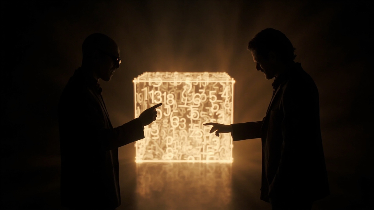 Imagen generada por IA con el prompt: Two silhouettes in a dark room, one pointing at a glowing translucent cube composed of floating numbers arranged in layers, warm lights, abstract digital art, no faces or text.