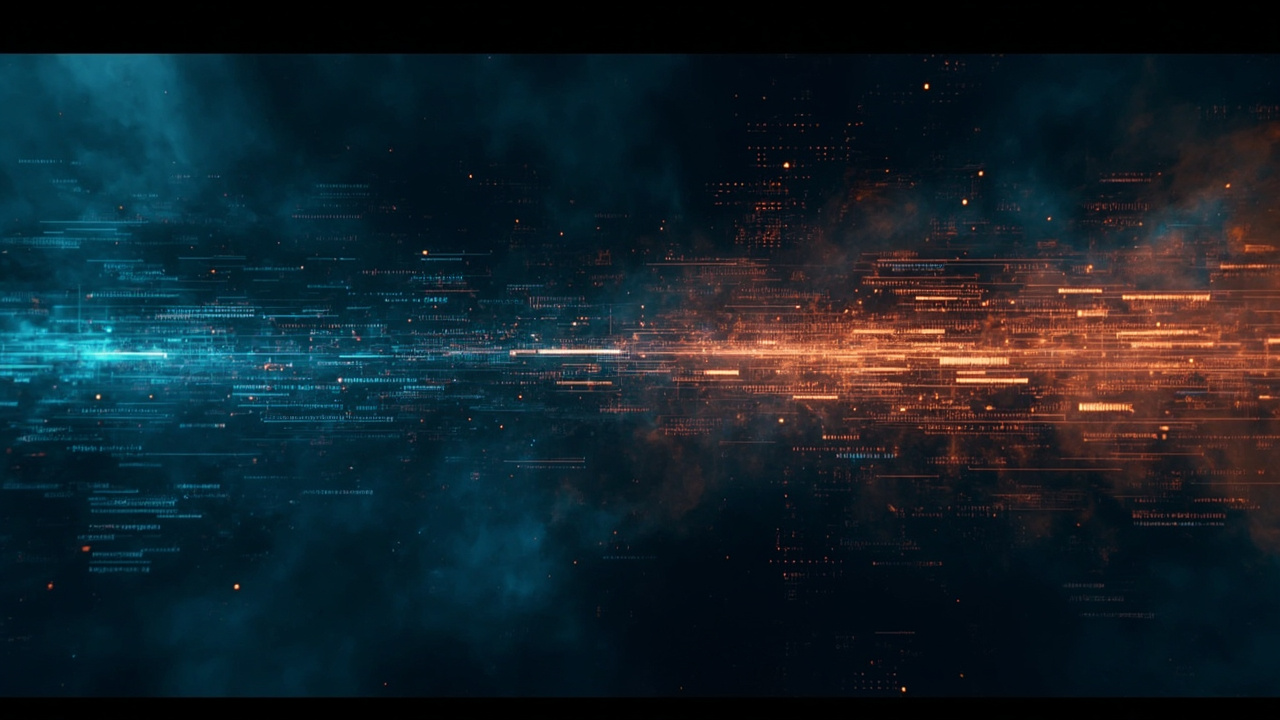 Imagen generada por IA con el prompt: Editorial illustration of a compiler backend pipeline transforming source code into optimized assembly, abstract data flow diagram, vintage terminal aesthetic, blue and orange tones
