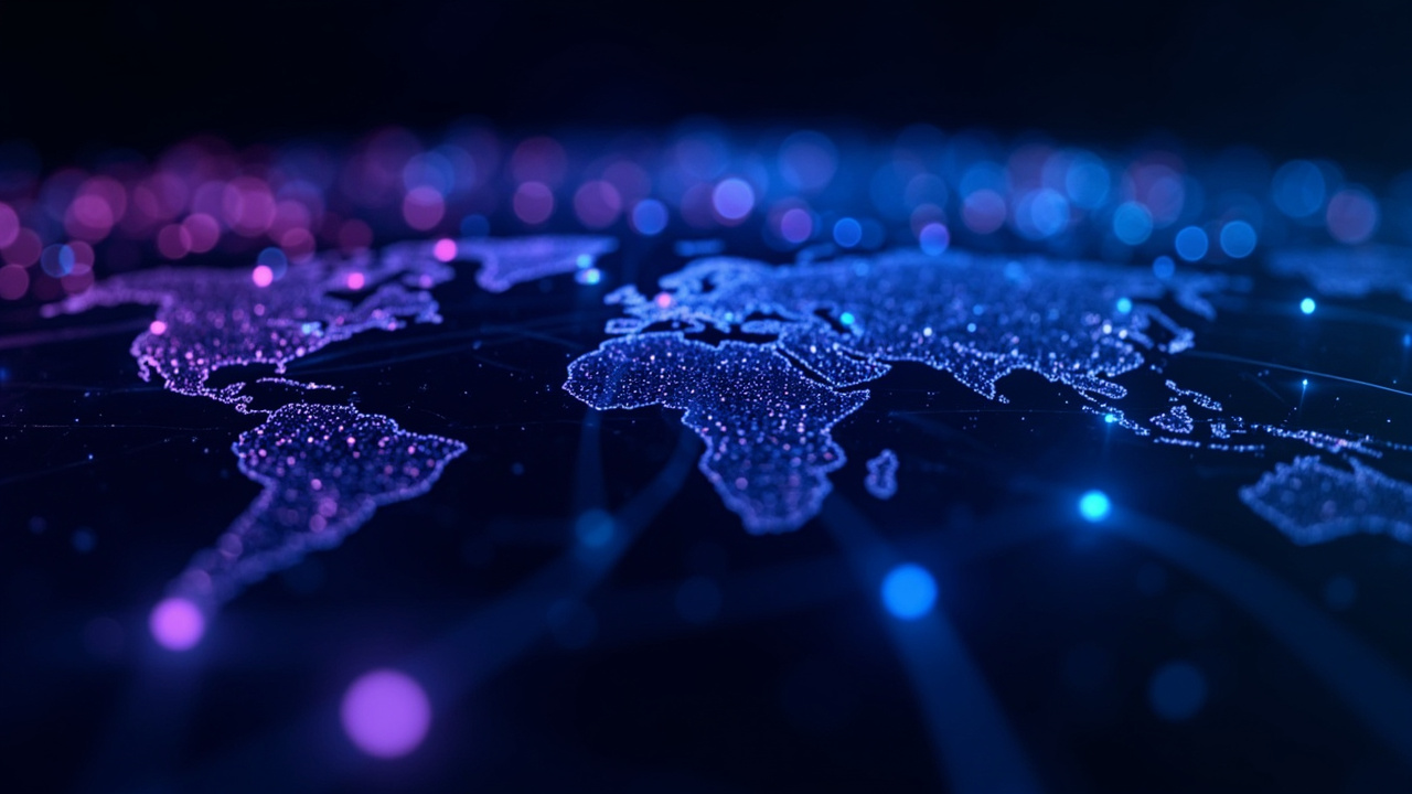 Imagen generada por IA con el prompt: Abstract digital network visualization with glowing data streams flowing between global server nodes, blue and purple tones, editorial tech illustration style, no text or logos