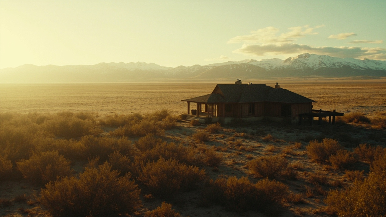 Imagen generada por IA con el prompt: Aerial view of a large isolated family home on the edge of a desert with wind-swept brushland and distant snow-capped mountains, warm afternoon light, cinematic tone evoking solitude and quiet unease.