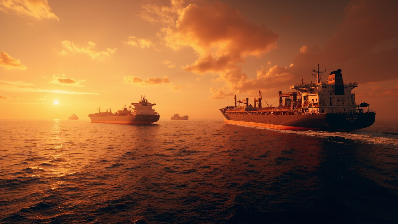 Imagen generada por IA con el prompt: Editorial illustration of the Persian Gulf with oil tankers near the Strait of Hormuz, warm sunset, naval blockade tension, no logos or faces