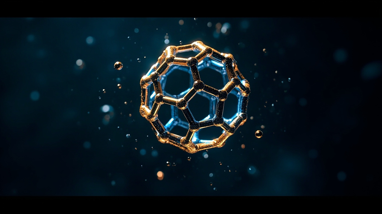 Imagen generada por IA con el prompt: Hollow molecular cage structure resembling a soccer ball, interconnected nodes forming pentagonal and hexagonal lattice, glowing in deep blue and gold tones against dark background, editorial scientific visualization