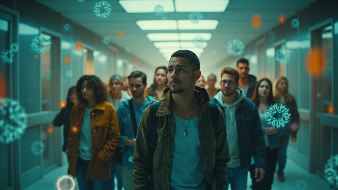Imagen generada por IA con el prompt: Editorial illustration of a diverse group of young adults walking through a softly lit laboratory corridor, DNA helixes and microscopic cells floating in the background, muted blue and amber tones, contemplative mood.