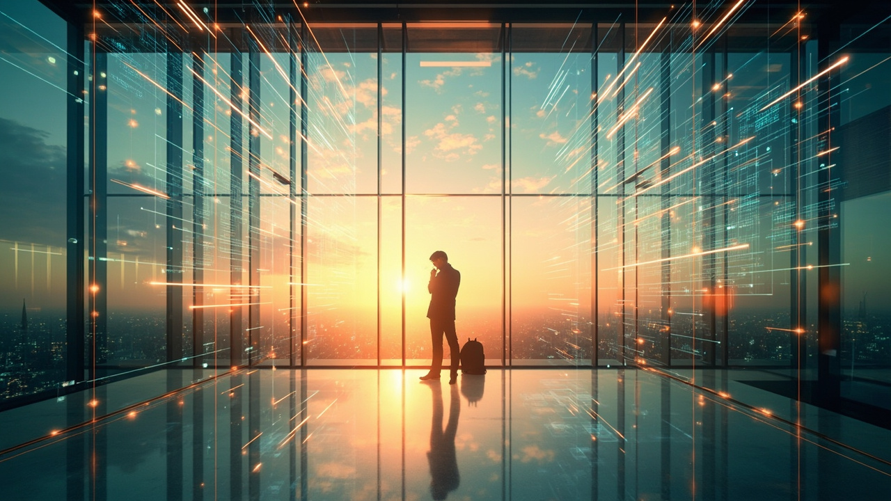 Imagen generada por IA con el prompt: Modern glass office interior with translucent AI neural network holograms floating, a lone executive silhouette contemplating them, warm golden hour lighting, editorial tech illustration style