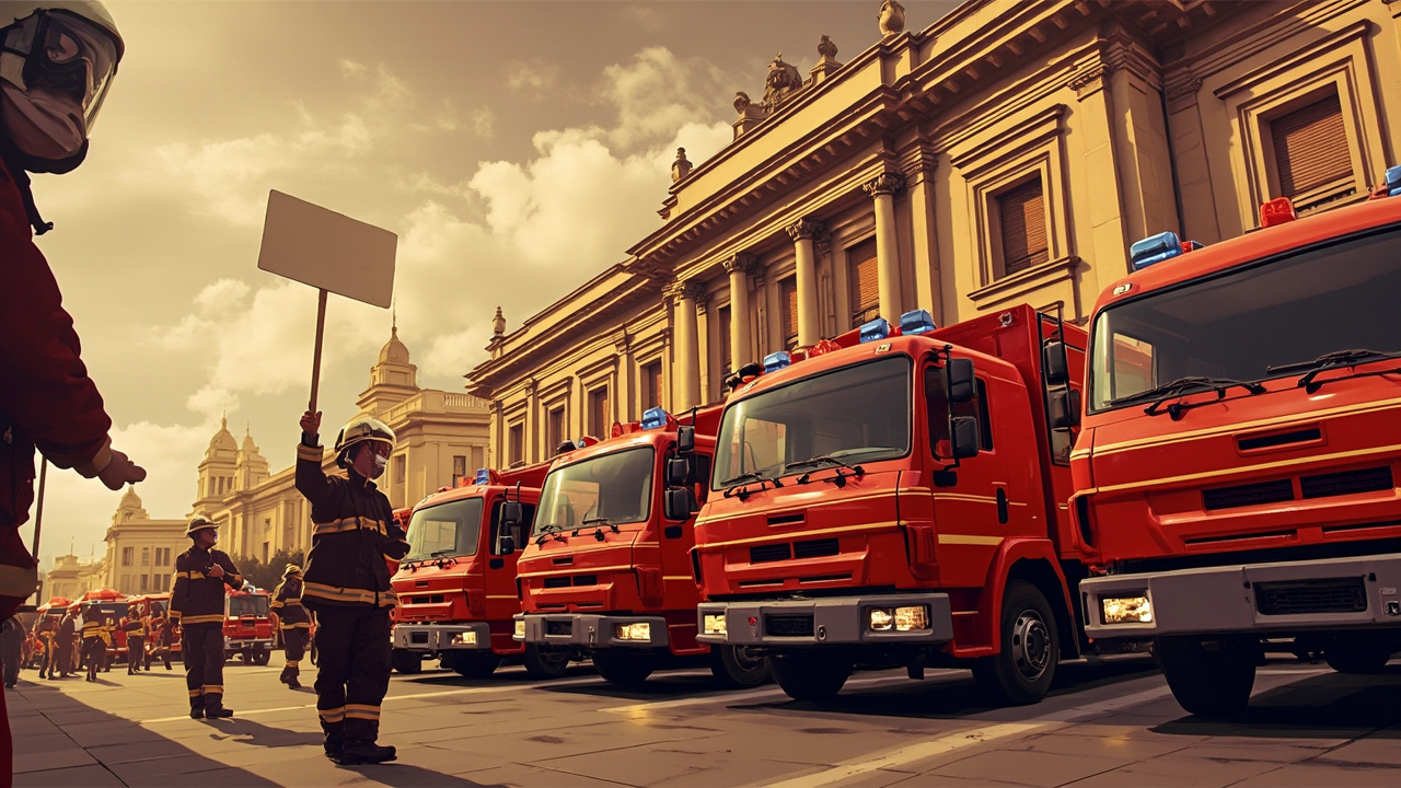 Imagen generada por IA con el prompt: Editorial illustration of red fire trucks parked outside a government building, firefighters in helmets holding signs, overcast Spanish sky, muted red and ochre tones, press-photo style
