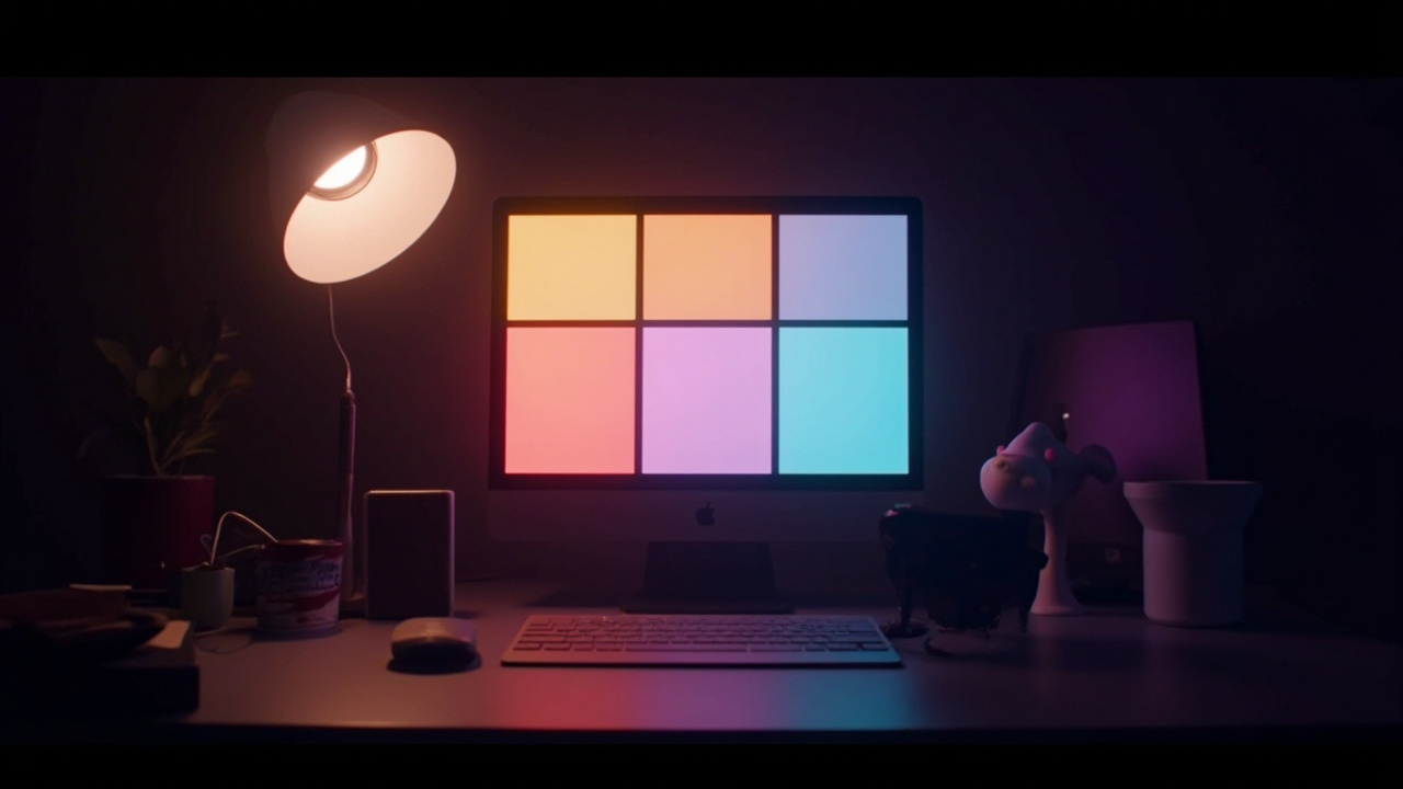 Imagen generada por IA con el prompt: Stylized editorial illustration of a desktop screen showing a colorful 3x3 grid of minimalist workspace panels on a dark background, soft warm lighting, retro-modern tech aesthetic