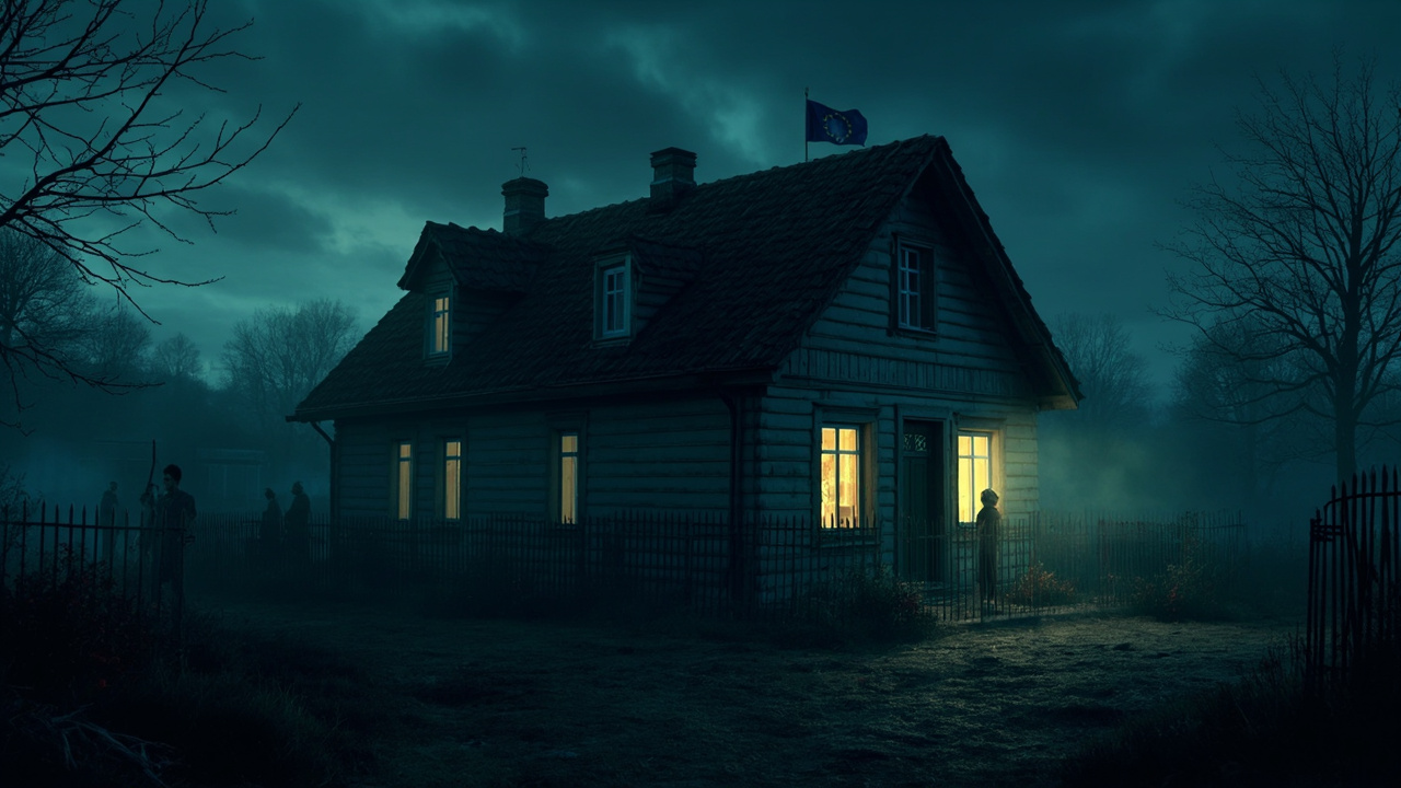Imagen generada por IA con el prompt: Editorial illustration of a lone European house at dusk, lit from within, with shadowy figures lurking outside; a small European flag on the rooftop, defensive barricades at the door, symbolic mood of self-reliance and r