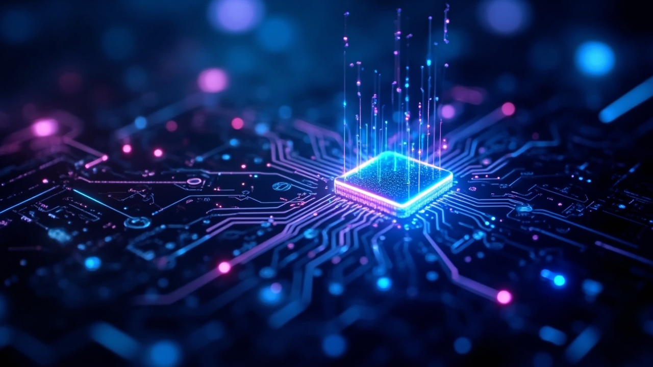 Imagen generada por IA con el prompt: Abstract close-up of a glowing quantum processor chip on dark background, holographic data streams rising, blue and purple tones, futuristic laboratory setting